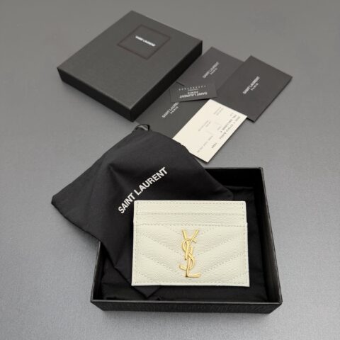 YSL MATELASSE粒面压花真皮卡包 编号:423291 白色球纹/金扣