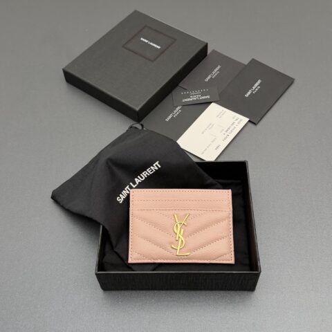 YSL MATELASSE粒面压花真皮卡包 编号:423291 粉色球纹/金扣