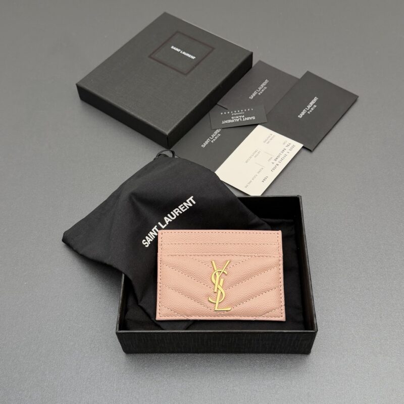 YSL MATELASSE粒面压花真皮卡包 编号:423291 粉色球纹/金扣