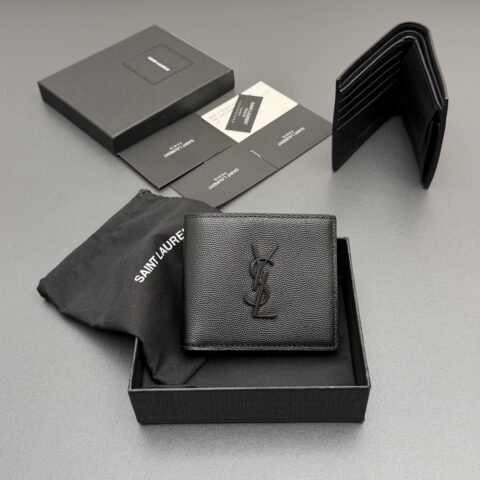 YSL TINY LE CASSANDRE横款粒面皮革钱包 编号: 463249 黑色球纹/黑扣