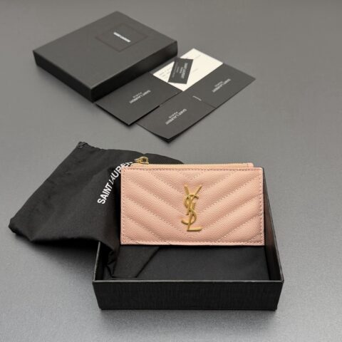YSL MATELASSE粒面压印皮革拉链卡包 编号:607915  粉色球纹金扣
