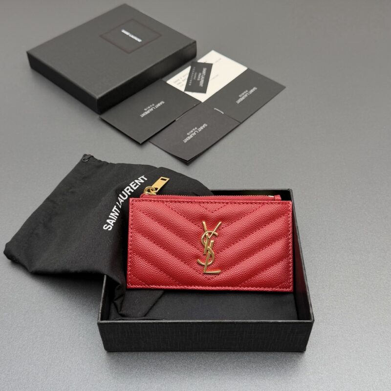 YSL MATELASSE粒面压印皮革拉链卡包 编号:607915 红色球纹金扣