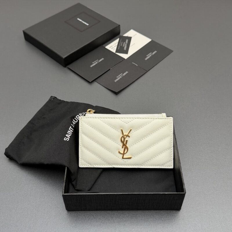 YSL MATELASSE粒面压印皮革拉链卡包 编号:607915 白色球纹金扣