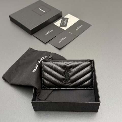 YSL MATELASSE粒面压印皮革拉链卡包 编号:607915 黑色球纹/黑扣