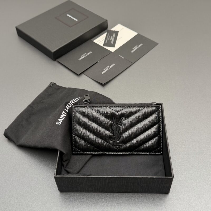 YSL MATELASSE粒面压印皮革拉链卡包 编号:607915 黑色球纹/黑扣