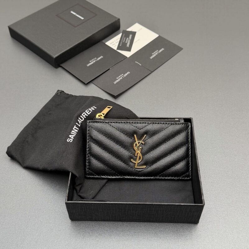 YSL MATELASSE粒面压印皮革拉链卡包 编号:607915 黑色球纹/金扣