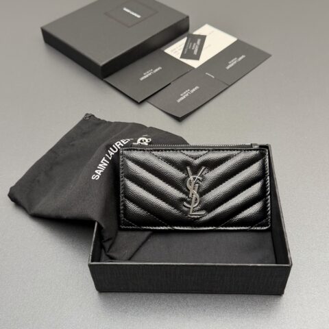 YSL MATELASSE粒面压印皮革拉链卡包 编号:607915 黑色球纹/银扣