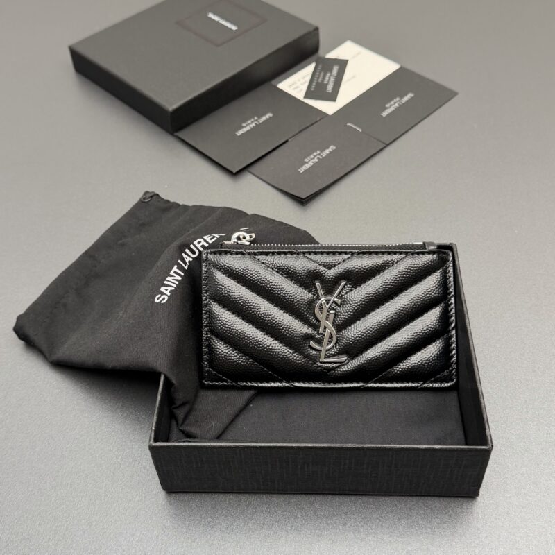 YSL MATELASSE粒面压印皮革拉链卡包 编号:607915 黑色球纹/银扣