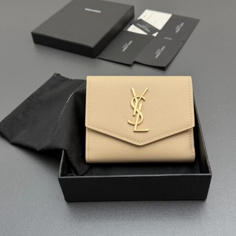 YSL MATELASSE粒面压印皮革拉链双折翻盖钱包 编号:582296 杏色球纹/金扣