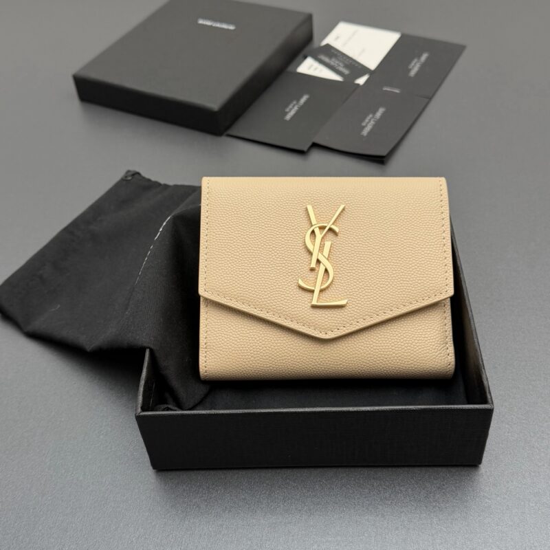 YSL MATELASSE粒面压印皮革拉链双折翻盖钱包 编号:582296 杏色球纹/金扣