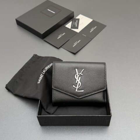 YSL MATELASSE粒面压印皮革拉链双折翻盖钱包 编号:582296 黑色球纹/银扣