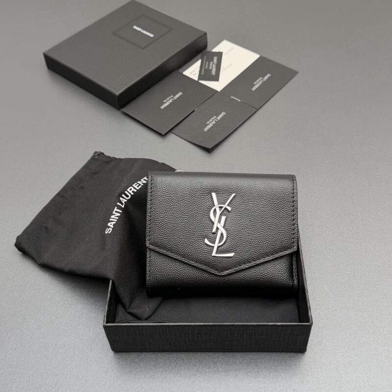 YSL MATELASSE粒面压印皮革拉链双折翻盖钱包 编号:582296 黑色球纹/银扣