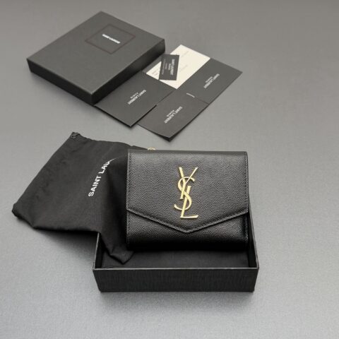 YSL MATELASSE粒面压印皮革拉链双折翻盖钱包 编号:582296  黑色球纹/金扣