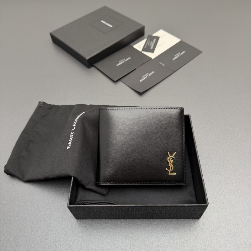 YSL TINY LE CASSANDRE横款亮面牙签纹皮革钱包 编号:607727 黑色牙签纹/金扣