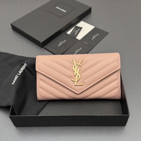 YSL MATELASSE翻盖粒面压印皮革钱包 编号:437469粉色球纹/金扣