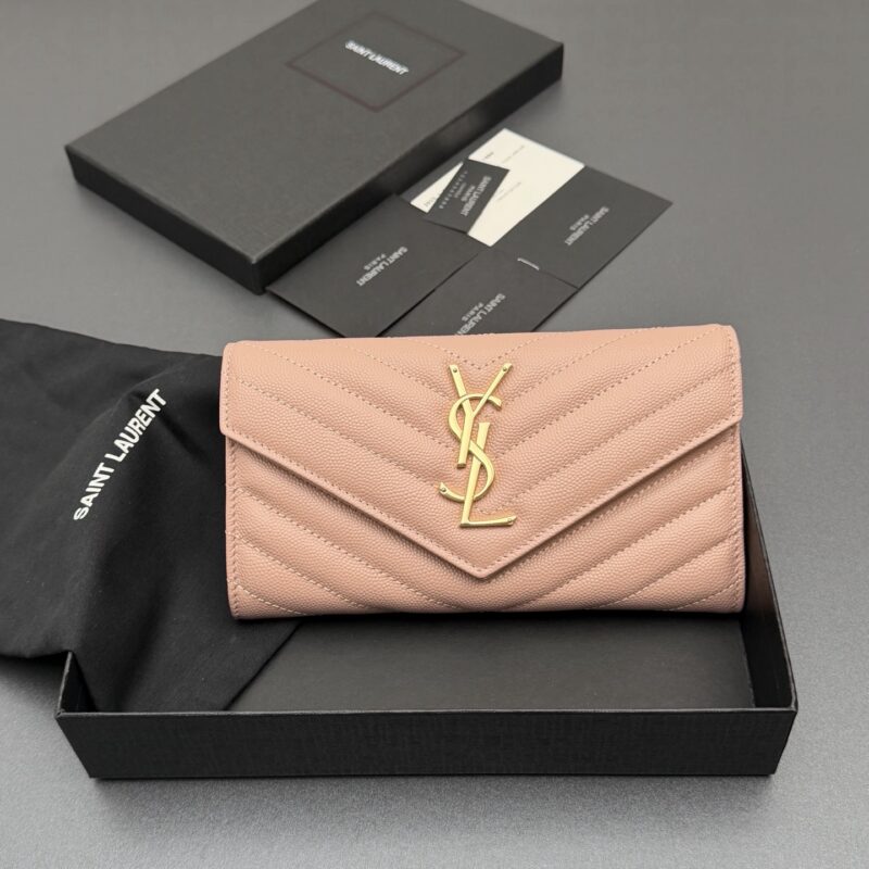 YSL MATELASSE翻盖粒面压印皮革钱包 编号:437469粉色球纹/金扣