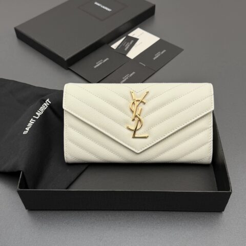YSL MATELASSE翻盖粒面压印皮革钱包 编号:437469白色球纹/金扣