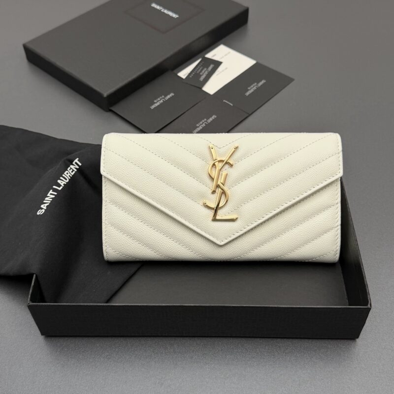 YSL MATELASSE翻盖粒面压印皮革钱包 编号:437469白色球纹/金扣