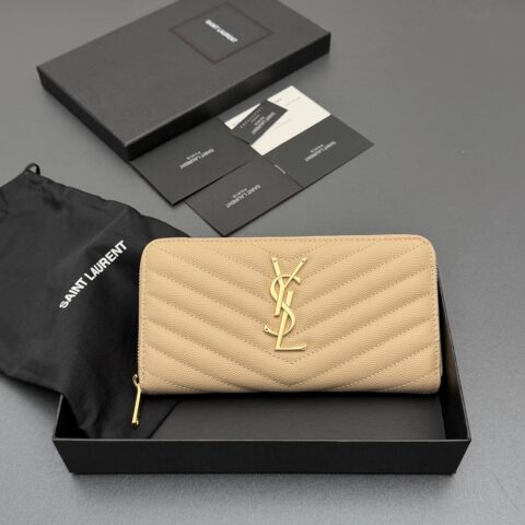 YSL MATELASSE翻盖粒面压印皮革环绕式拉链钱包 编号:358094  杏色球纹/金扣