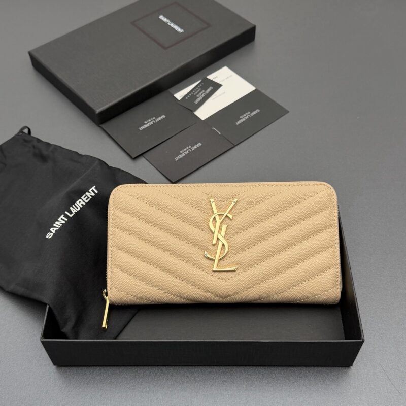 YSL MATELASSE翻盖粒面压印皮革环绕式拉链钱包 编号:358094  杏色球纹/金扣