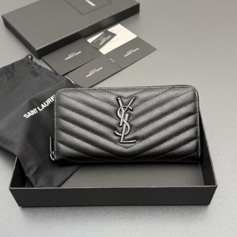 YSL MATELASSE翻盖粒面压印皮革环绕式拉链钱包 编号:358094 黑色球纹/黑扣