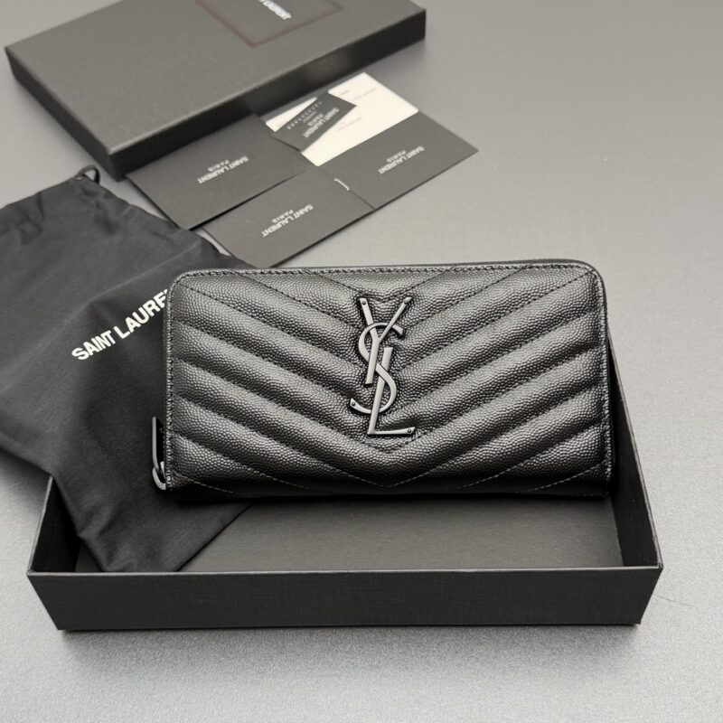 YSL MATELASSE翻盖粒面压印皮革环绕式拉链钱包 编号:358094 黑色球纹/黑扣