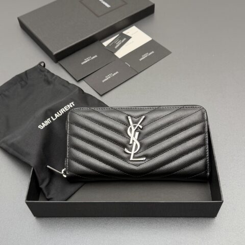 YSL MATELASSE翻盖粒面压印皮革环绕式拉链钱包 编号:358094 黑球纹/银扣