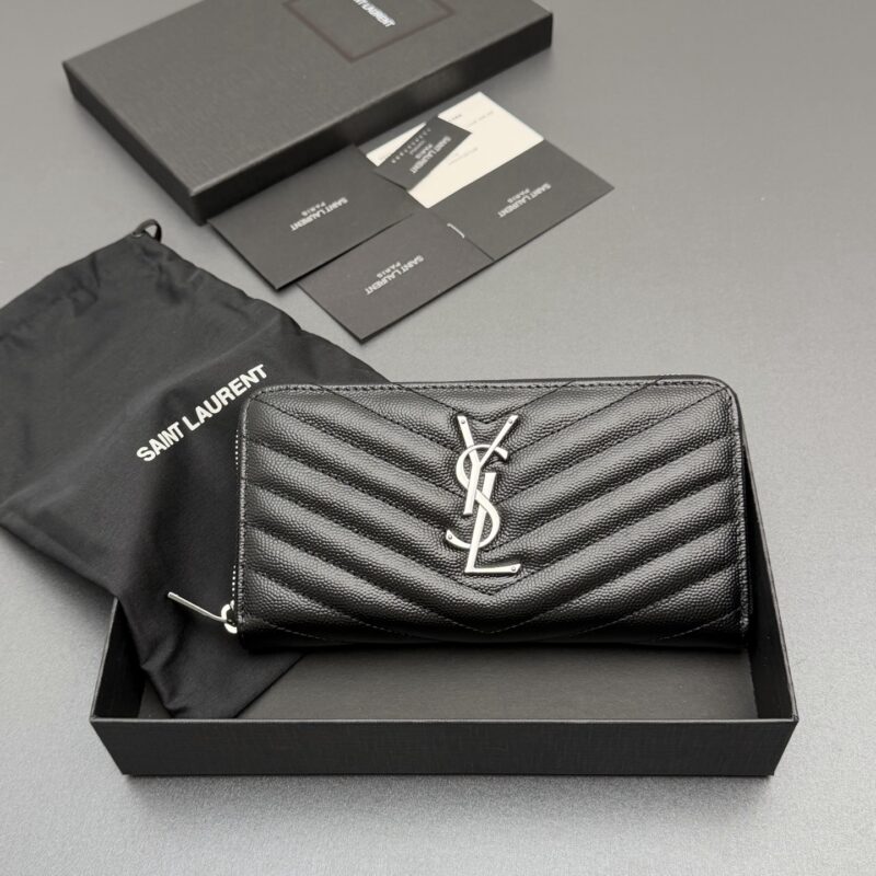 YSL MATELASSE翻盖粒面压印皮革环绕式拉链钱包 编号:358094 黑球纹/银扣