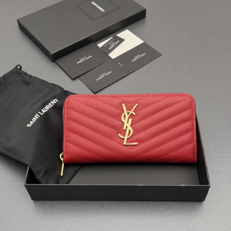 YSL MATELASSE翻盖粒面压印皮革环绕式拉链钱包 编号:358094 。红色球纹/金扣