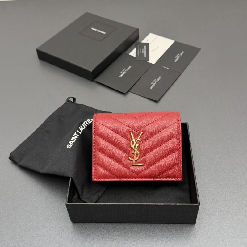 YSL MATELASSE短款粒面壓印皮革卡包 编号:530841 红色球纹/金扣