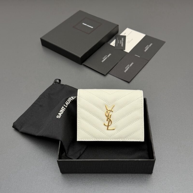 YSL MATELASSE短款粒面壓印皮革卡包 编号:530841 白色球纹/金扣