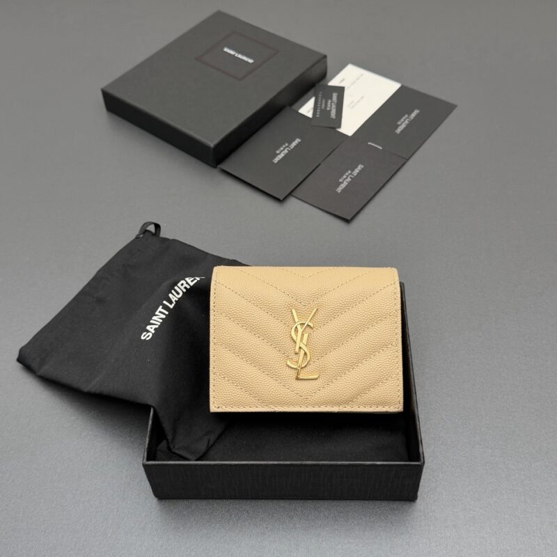 YSL MATELASSE短款粒面壓印皮革卡包 编号:530841  杏色球纹/金扣