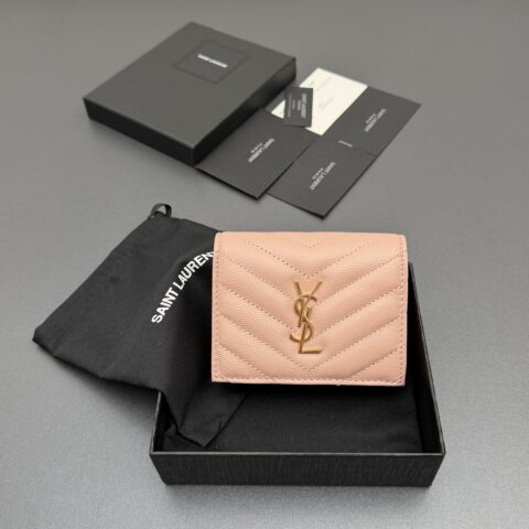 YSL MATELASSE短款粒面壓印皮革卡包 编号:530841 粉色球纹/金扣