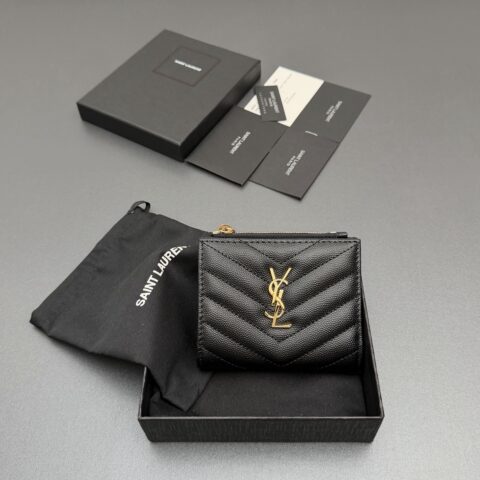 YSL MATELASSE粒面压印皮革拉链双折钱包 编号:517045 黑色球纹/金扣