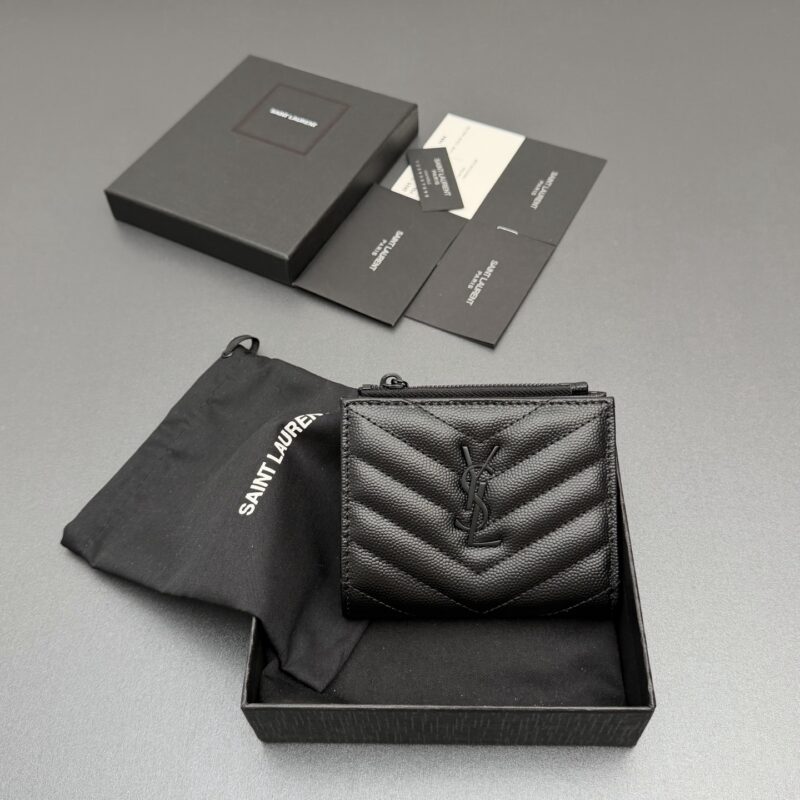 YSL MATELASSE粒面压印皮革拉链双折钱包 编号:517045 黑色球纹/黑扣