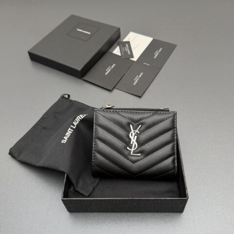YSL MATELASSE粒面压印皮革拉链双折钱包 编号:517045 黑色球纹/银扣