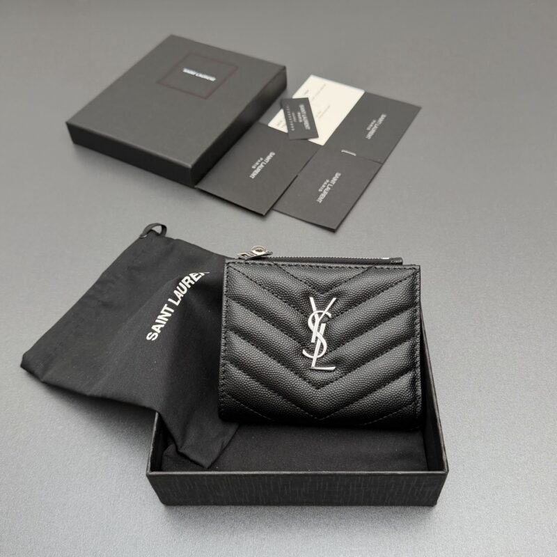YSL MATELASSE粒面压印皮革拉链双折钱包 编号:517045 黑色球纹/银扣