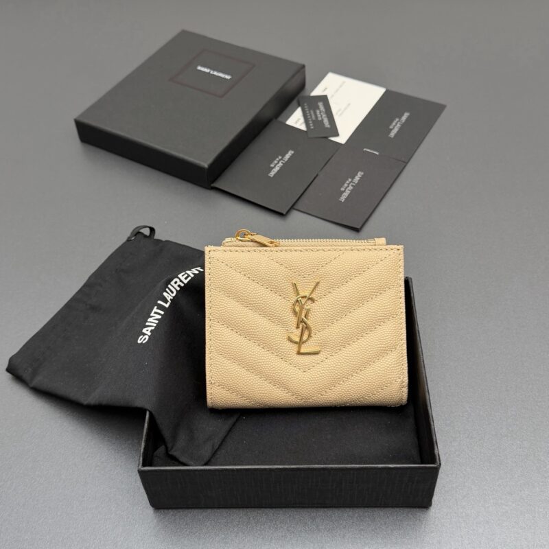 YSL MATELASSE粒面压印皮革拉链双折钱包 编号:517045 杏色球纹/金扣