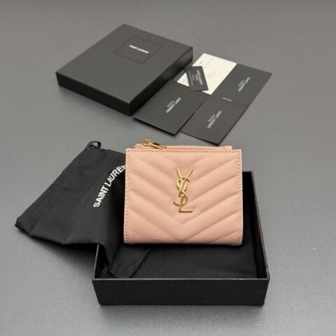 YSL MATELASSE粒面压印皮革拉链双折钱包 编号:517045 粉色球纹/金扣