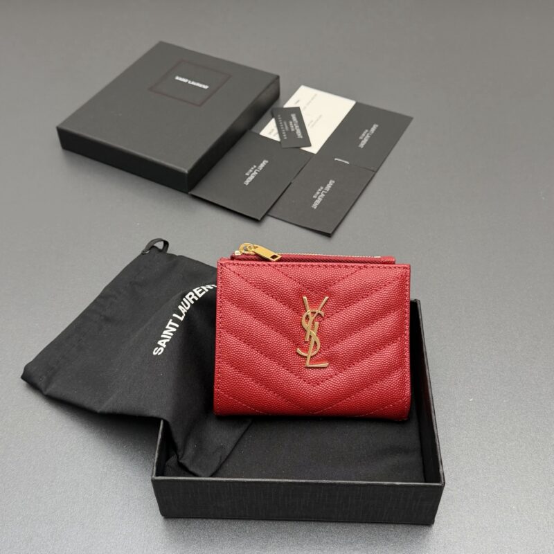 YSL MATELASSE粒面压印皮革拉链双折钱包 编号:517045 红色球纹/金扣
