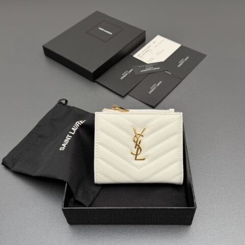 YSL MATELASSE粒面压印皮革拉链双折钱包 编号:517045 白色球纹/金扣