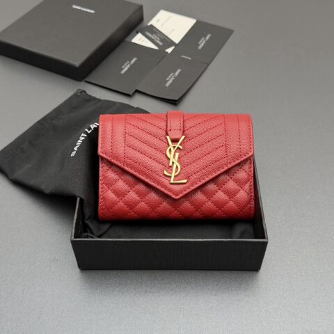 YSL MATELASSE短款粒面壓印皮革小号信封錢包 编号:651026 红色球纹/金扣
