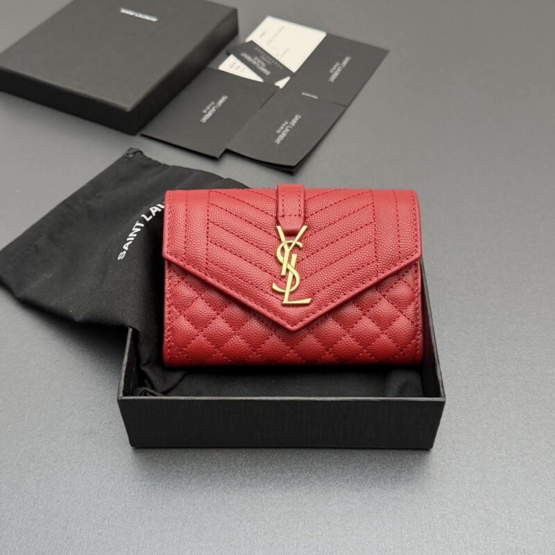 YSL MATELASSE短款粒面壓印皮革小号信封錢包 编号:651026 红色球纹/金扣