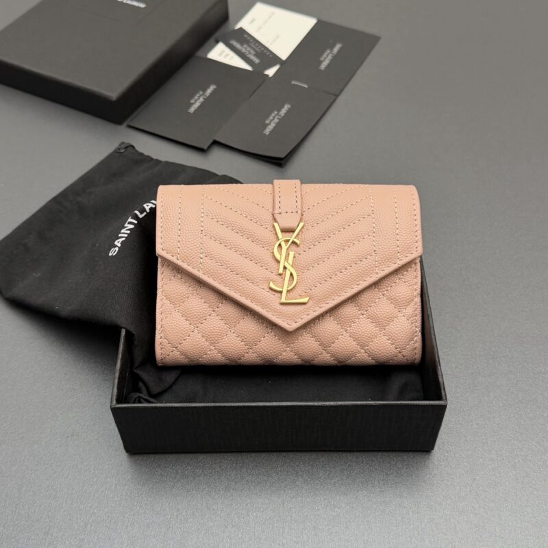 YSL MATELASSE短款粒面壓印皮革小号信封錢包 编号:651026 粉色球纹/金扣