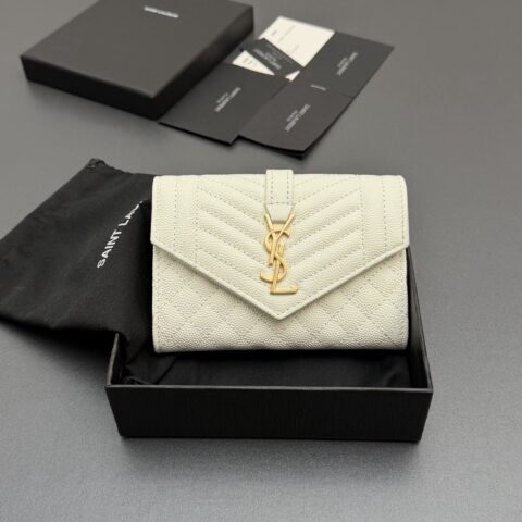YSL MATELASSE短款粒面壓印皮革小号信封錢包 编号:651026  白色球纹/金扣