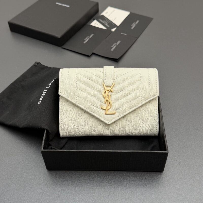 YSL MATELASSE短款粒面壓印皮革小号信封錢包 编号:651026 白色球纹/金扣