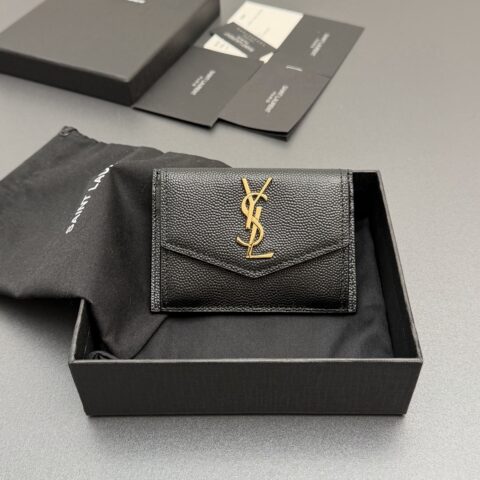 YSL  UPTOWN粒面压印皮革翻盖卡包 编号:582305   黑色球纹金扣