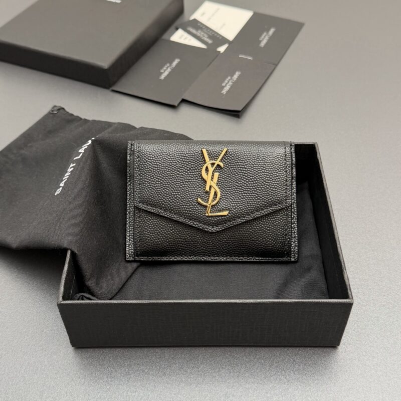 YSL UPTOWN粒面压印皮革翻盖卡包 编号:582305 黑色球纹金扣