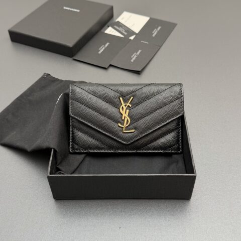 YSL  MATELASSE粒面压印皮革翻盖拉链卡包 编号:612808   黑色球纹金扣