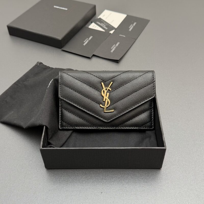 YSL  MATELASSE粒面压印皮革翻盖拉链卡包 编号:612808   黑色球纹金扣
